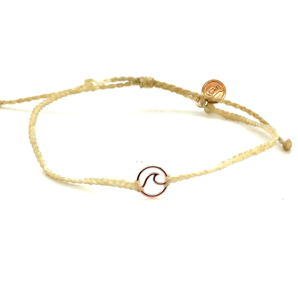 Pura Vida Rose Gold Wave Charm Braided Cord Bracelet Cream Tan Adjustable